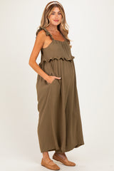 Olive Ruffle Strap Maternity Wide Leg Jumpsuit