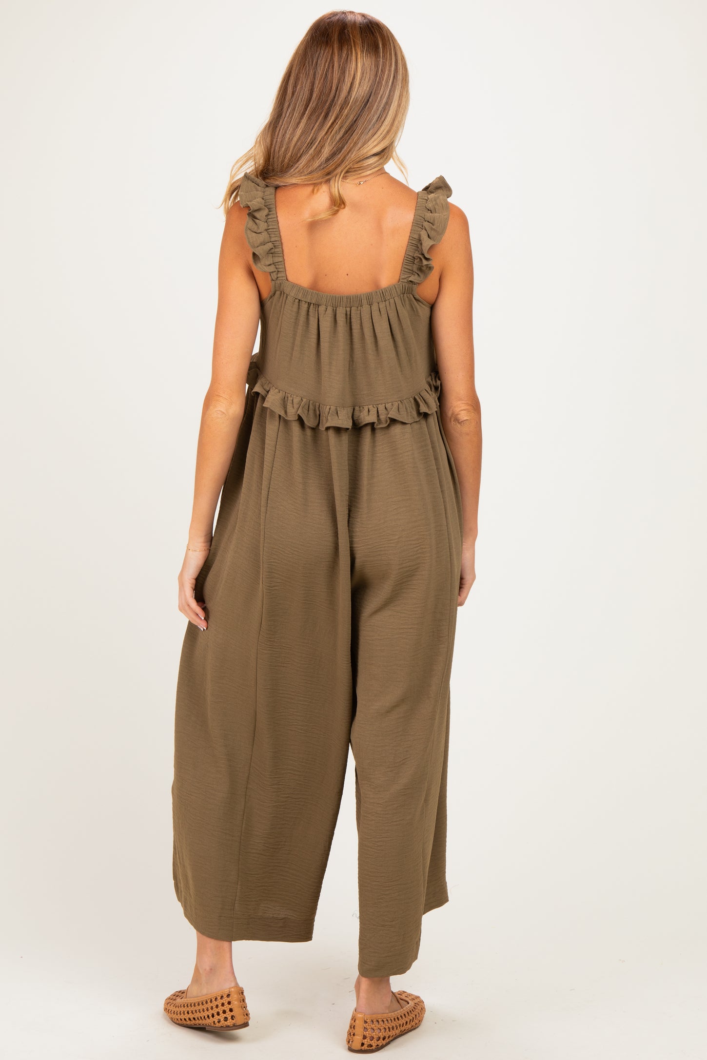 Olive Ruffle Strap Maternity Wide Leg Jumpsuit