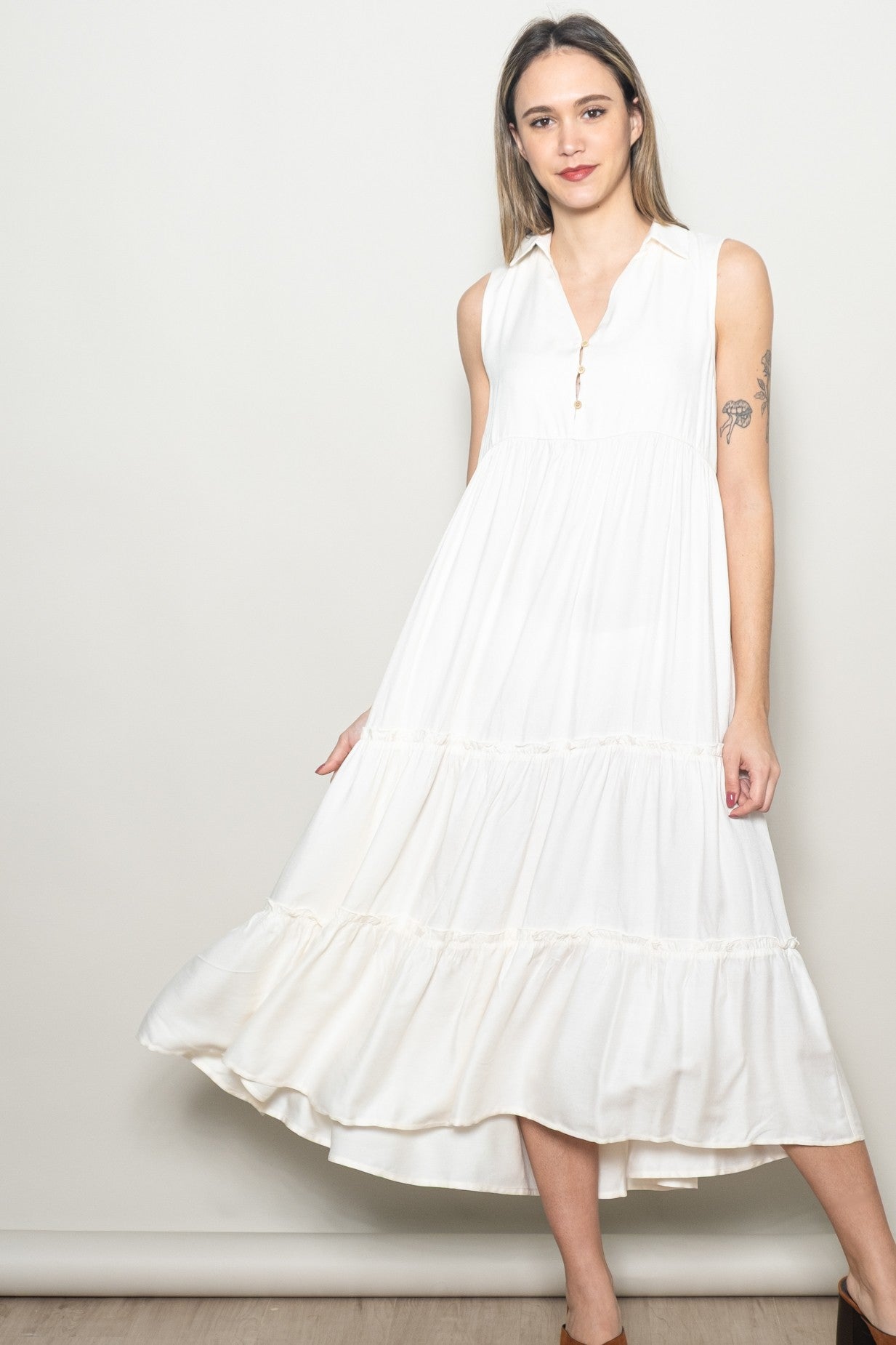 Cream Sleeveless Button Up Tiered Maternity Maxi Dress