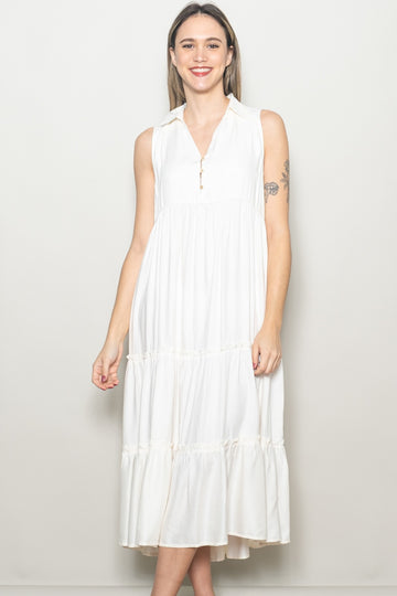 Cream Sleeveless Button Up Tiered Maxi Dress