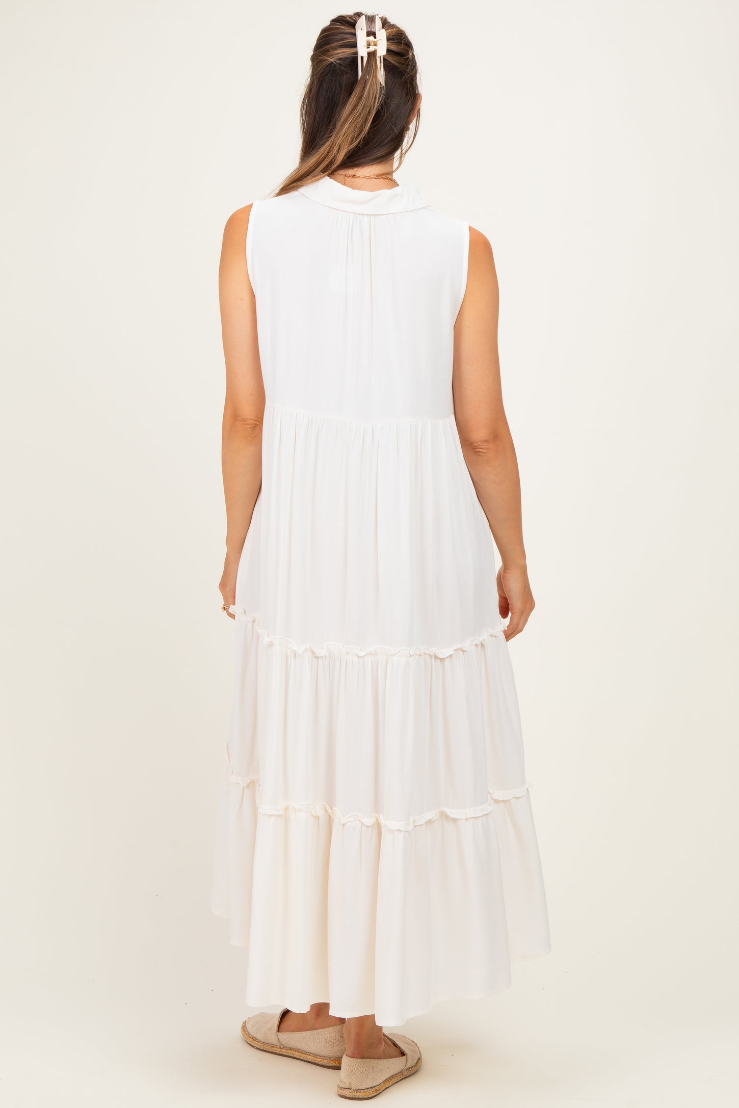 Cream Sleeveless Button Up Tiered Maternity Maxi Dress