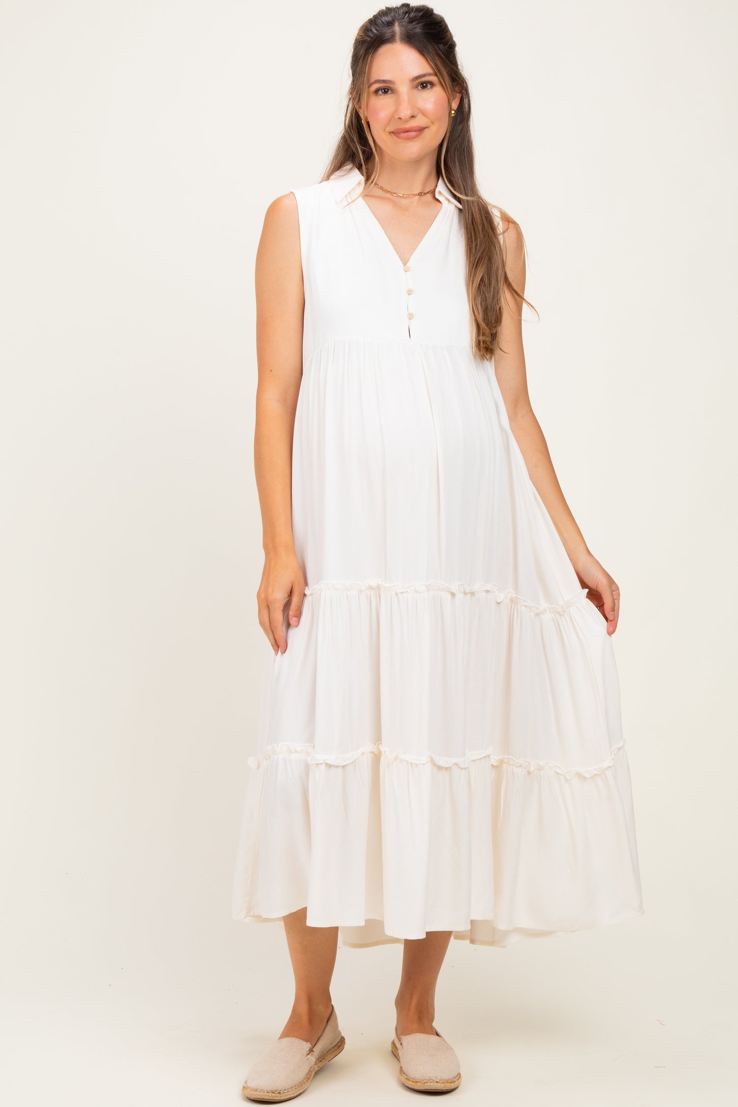 Cream Sleeveless Button Up Tiered Maternity Maxi Dress