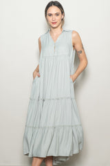 Seafoam Sleeveless Button Up Tiered Maternity Maxi Dress
