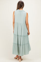 Seafoam Sleeveless Button Up Tiered Maternity Maxi Dress