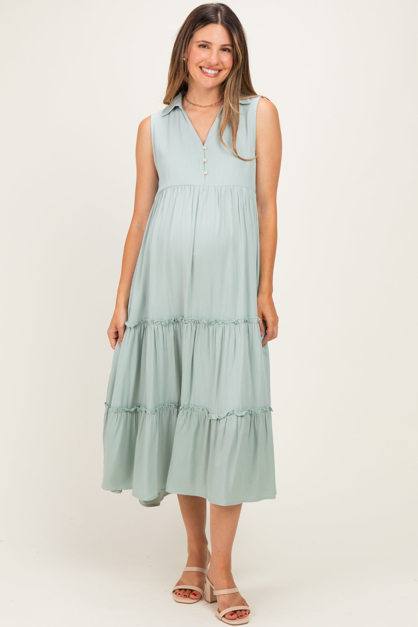 Seafoam Sleeveless Button Up Tiered Maternity Maxi Dress