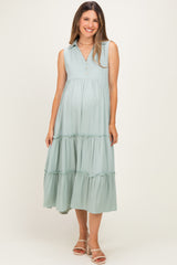 Seafoam Sleeveless Button Up Tiered Maternity Maxi Dress