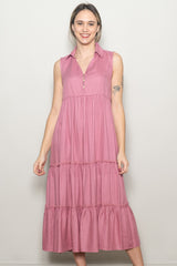 Pink Sleeveless Button Up Tiered Maternity Maxi Dress