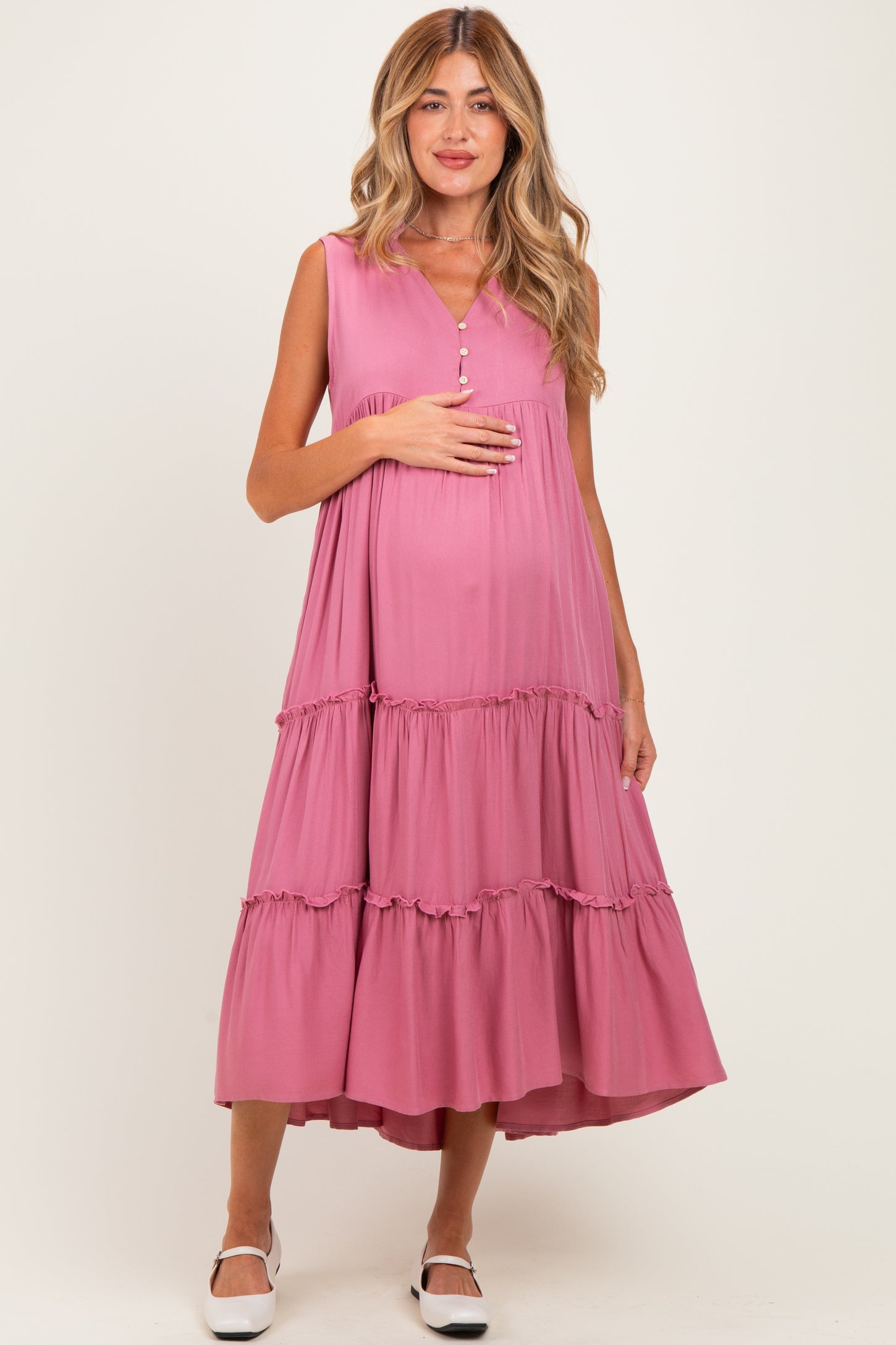 Pink Sleeveless Button Up Tiered Maternity Maxi Dress