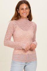 Dusty Mauve High Neck Fitted Sheer Lace Top
