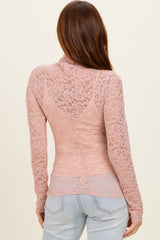 Dusty Mauve High Neck Fitted Sheer Lace Top