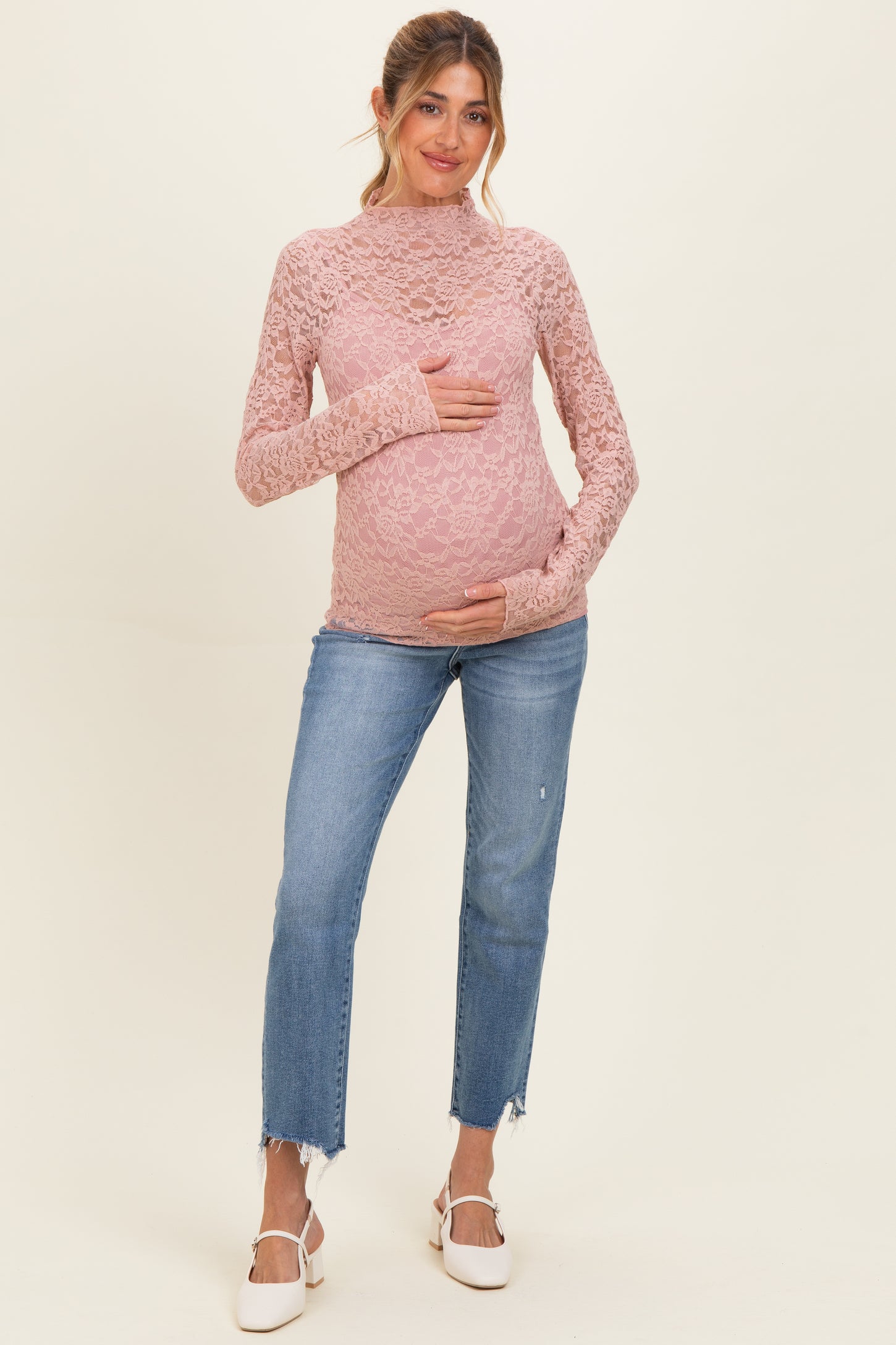Dusty Mauve High Neck Fitted Sheer Lace Maternity Top
