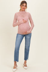 Dusty Mauve High Neck Fitted Sheer Lace Maternity Top