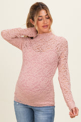 Dusty Mauve High Neck Fitted Sheer Lace Maternity Top