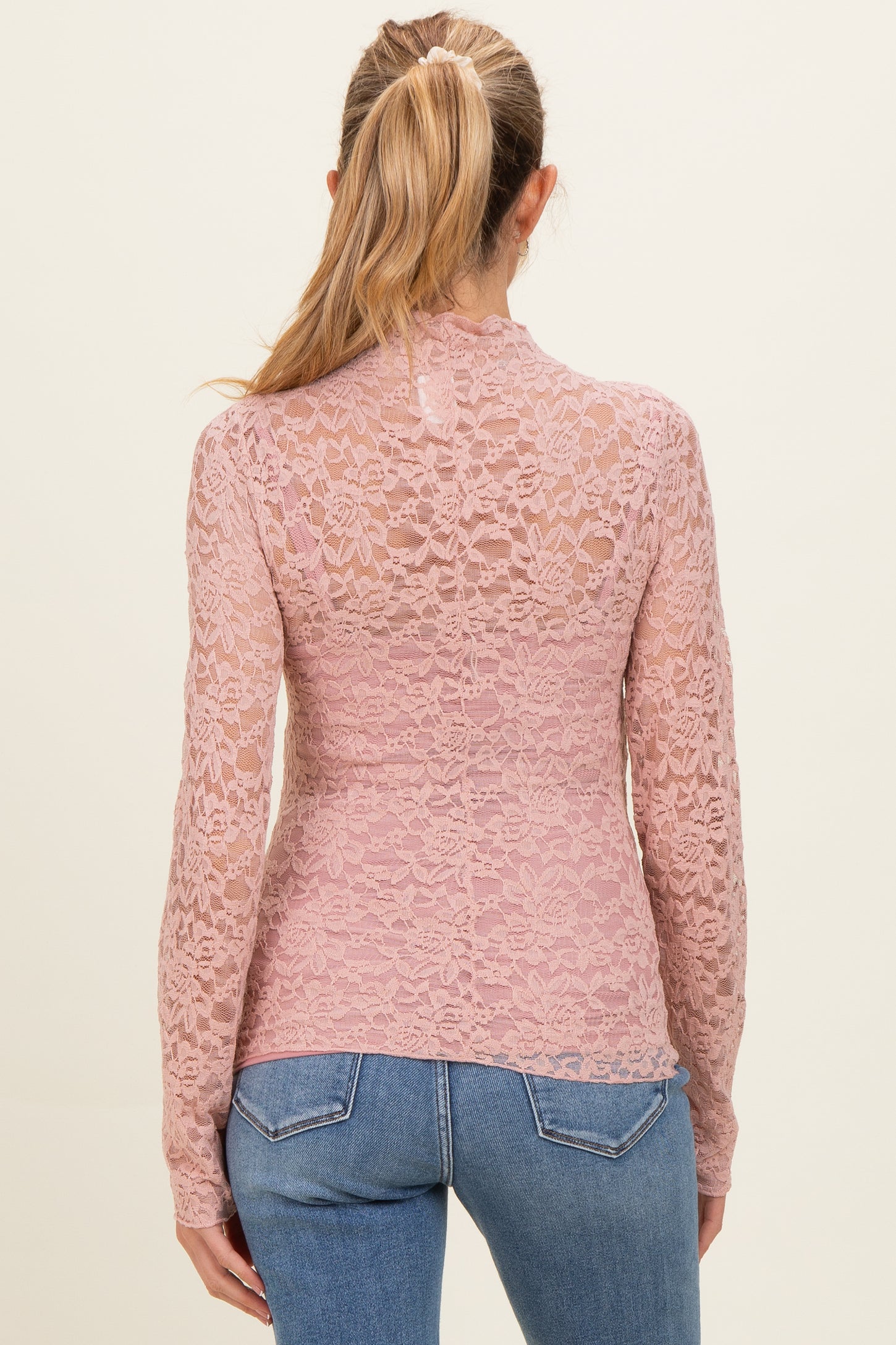Dusty Mauve High Neck Fitted Sheer Lace Maternity Top
