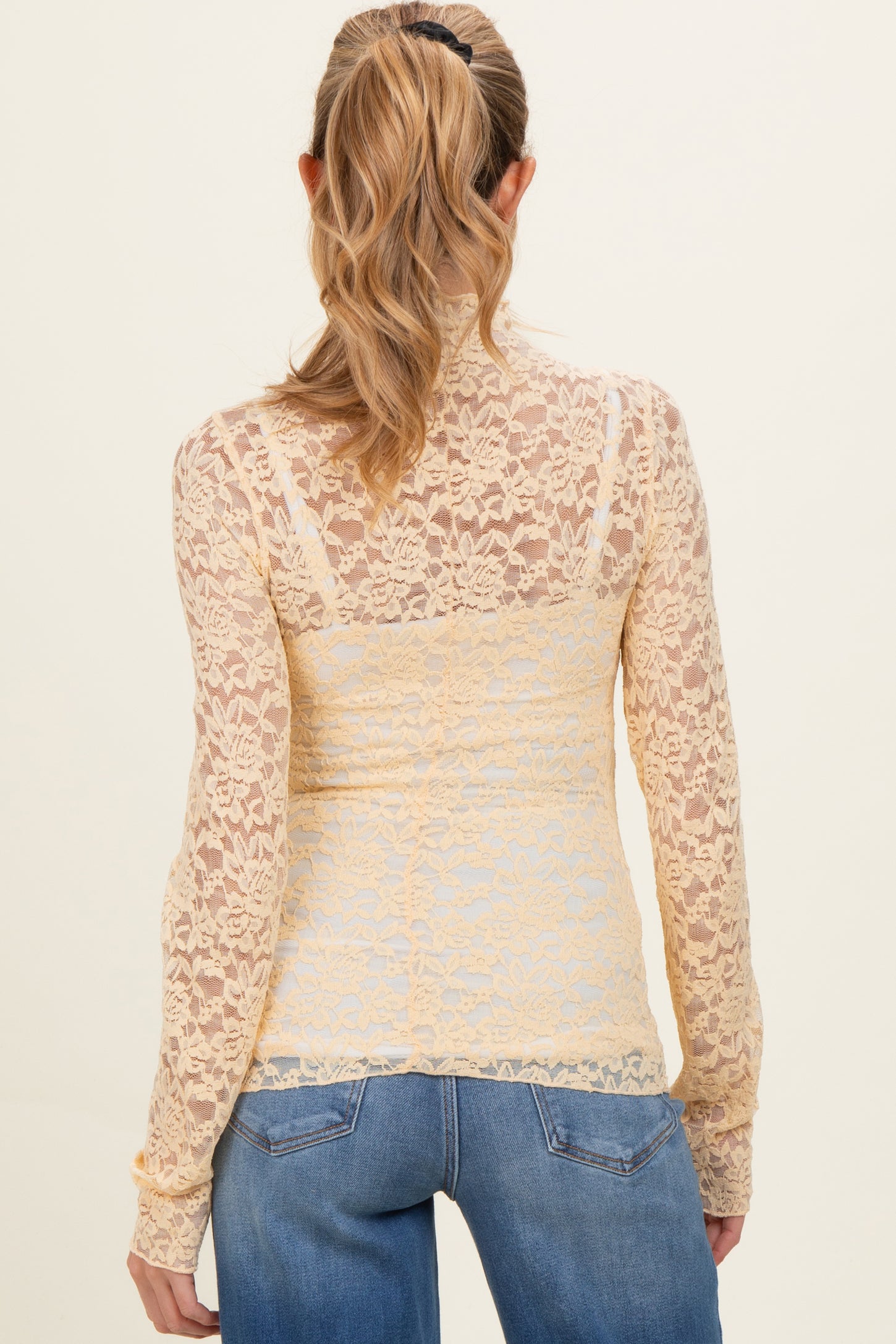 Butter Yellow High Neck Fitted Sheer Lace Maternity Top