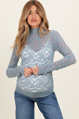 Slate Blue High Neck Fitted Sheer Lace Maternity Top