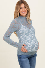 Slate Blue High Neck Fitted Sheer Lace Maternity Top