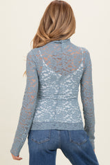 Slate Blue High Neck Fitted Sheer Lace Maternity Top