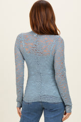 Slate Blue High Neck Fitted Sheer Lace Top