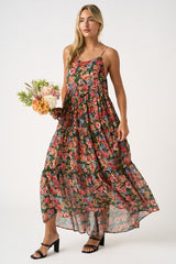 Black Floral Print V-Neck Tiered Maxi Dress