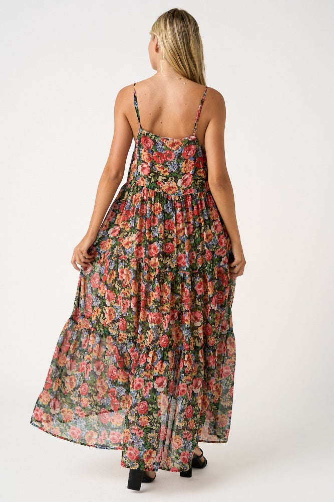 Black Floral Print V-Neck Tiered Maxi Dress