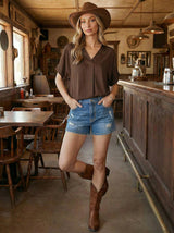 Brown V-Neck Pin-Tuck Detail Top