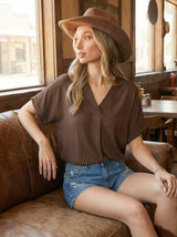 Brown V-Neck Pin-Tuck Detail Top