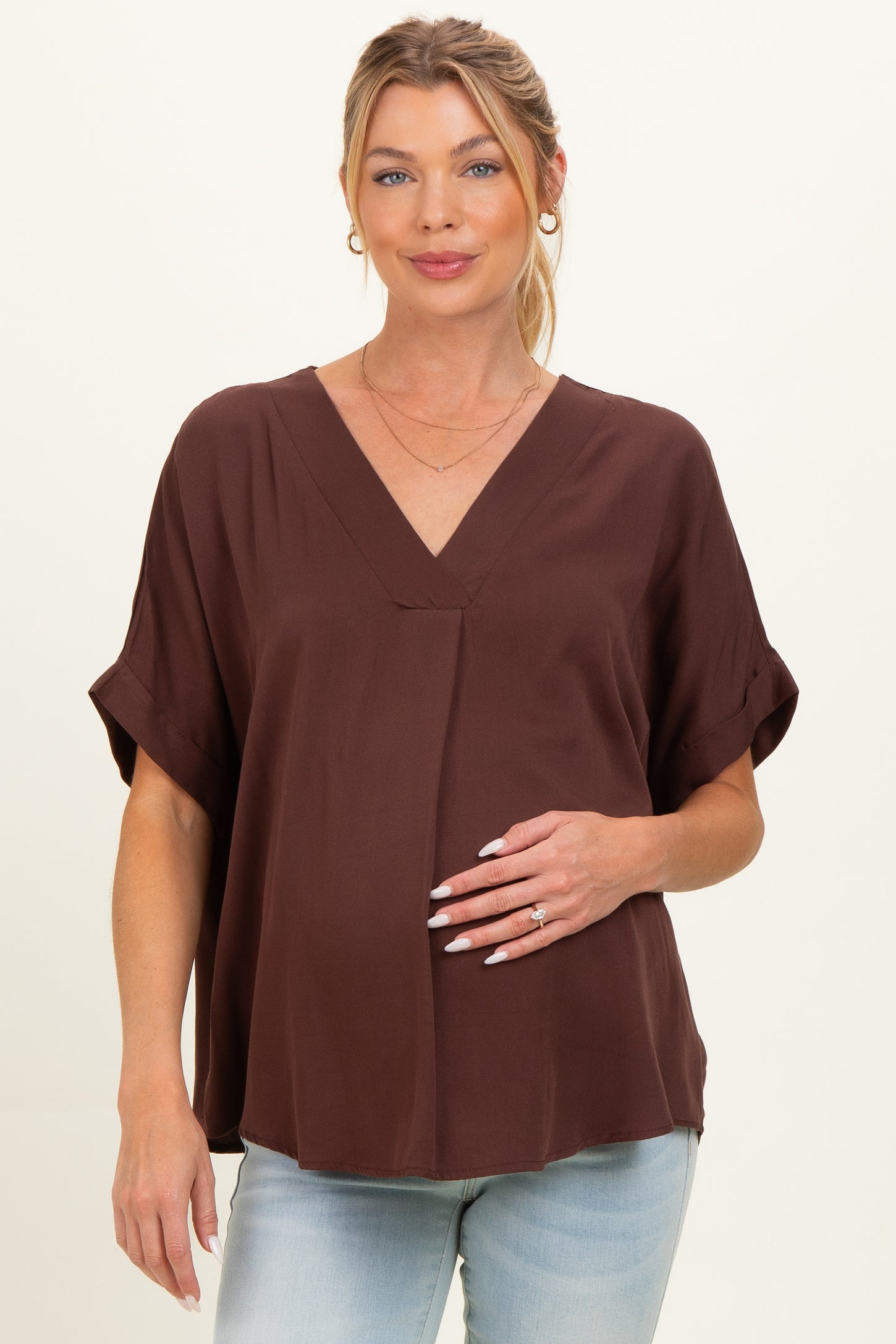 Brown V-Neck Pin-Tuck Detail Maternity Top