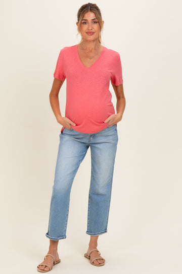 Guava Punch Linen Blend V-Neck Short Sleeve Maternity T-Shirt