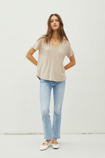 Khaki Linen Blend V-Neck Short Sleeve T-Shirt
