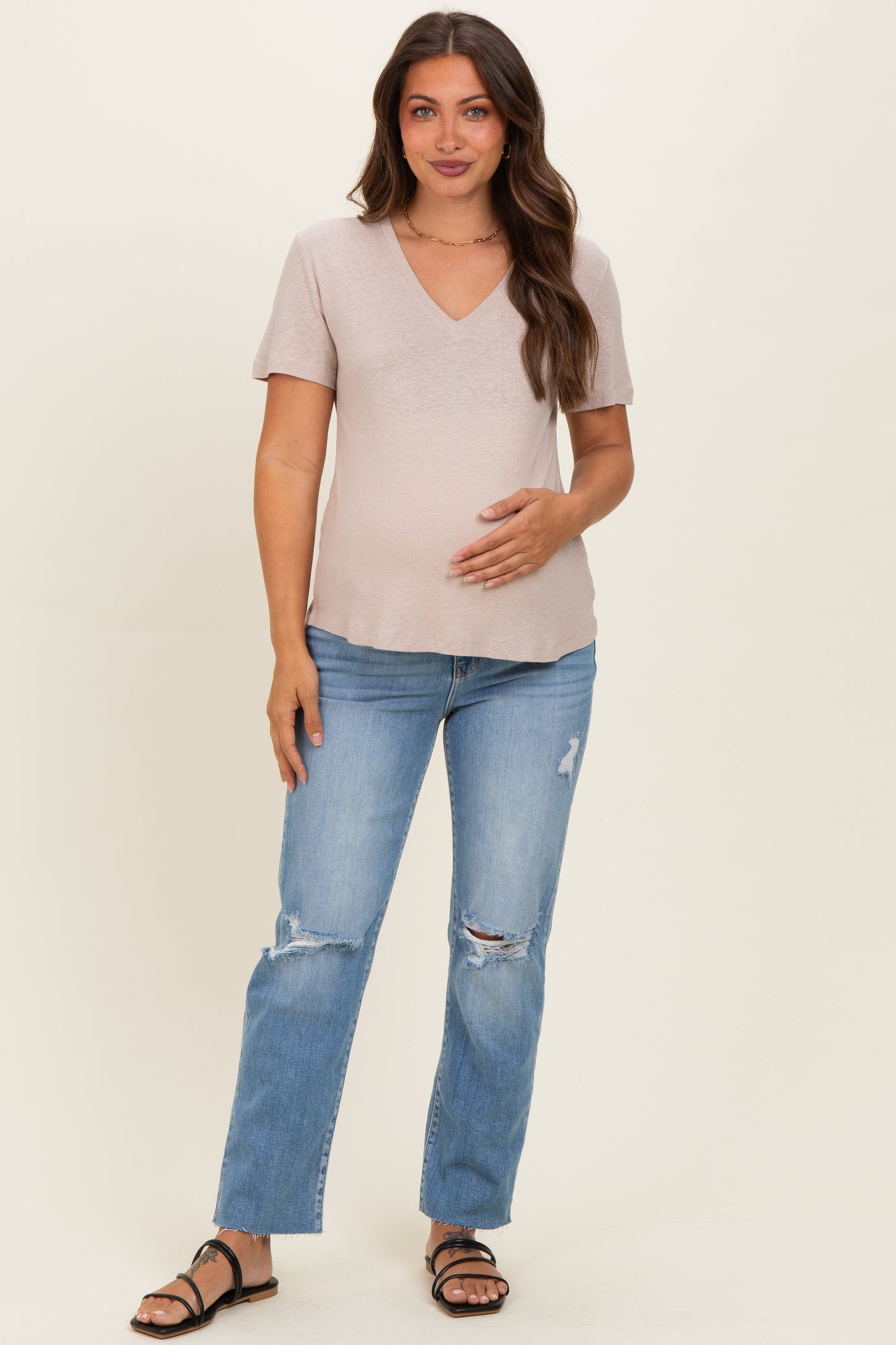Khaki Linen Blend V-Neck Short Sleeve Maternity T-Shirt