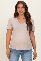 Khaki Linen Blend V-Neck Short Sleeve Maternity T-Shirt