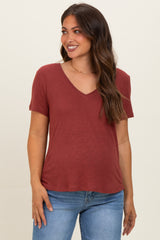 Wine Linen Blend V-Neck Short Sleeve Maternity T-Shirt