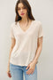 Natural Linen Blend V-Neck Short Sleeve T-Shirt