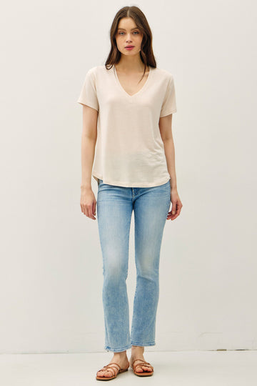 Natural Linen Blend V-Neck Short Sleeve T-Shirt