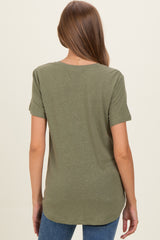 woman wearing a dark green maternity t-shirt with a relaxed fit and short sleeves, back view