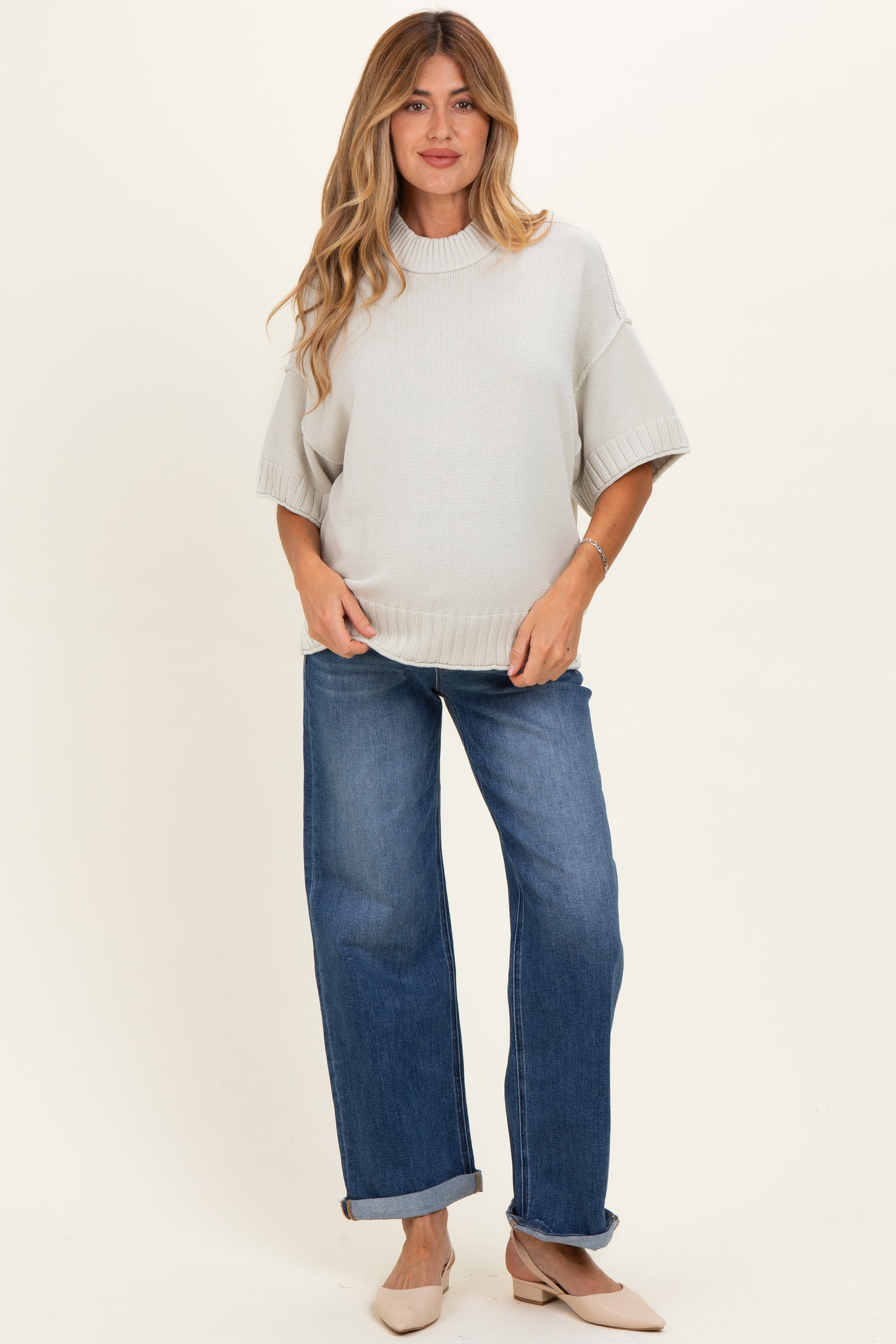 Light Silver Oversized Mock Neck Short Sleeve Maternity Sweater
