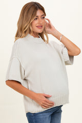 Light Silver Oversized Mock Neck Short Sleeve Maternity Sweater