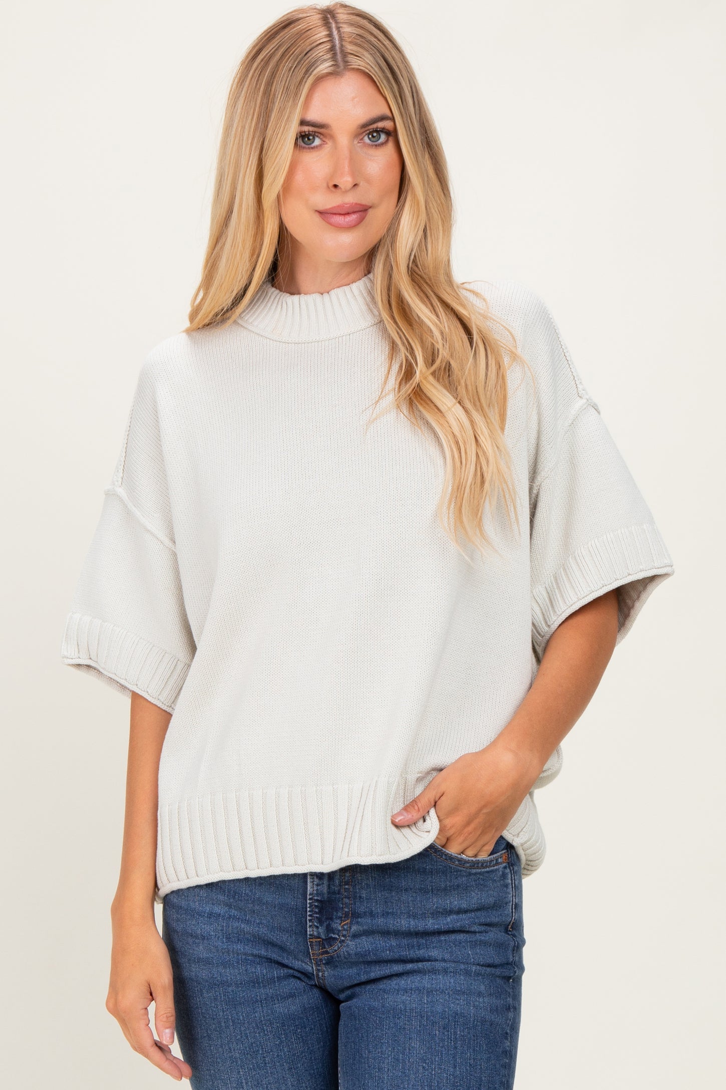 Light Silver Oversized Mock Neck Short Sleeve Maternity Sweater