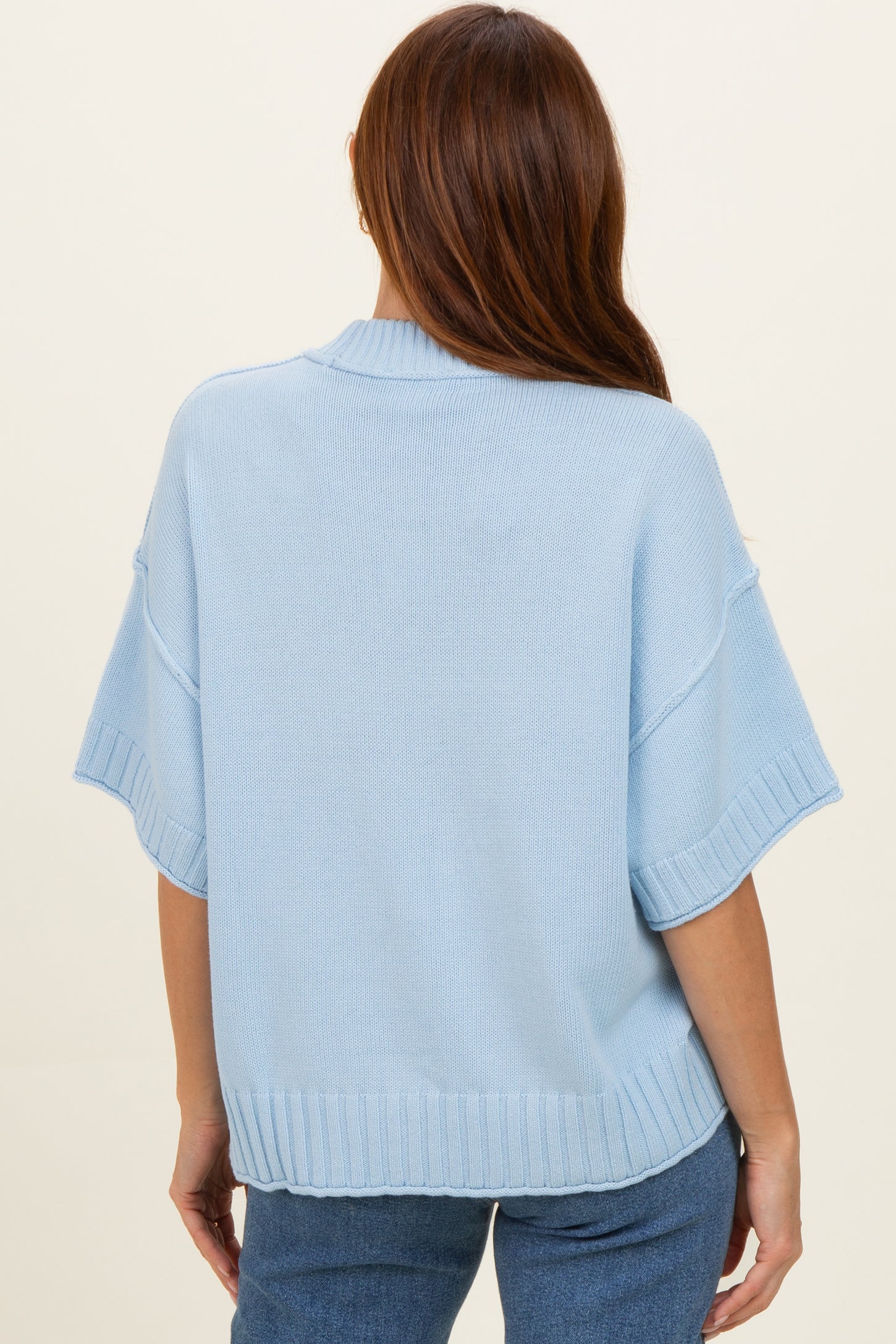 Light Blue Oversized Mock Neck Short Sleeve Sweater