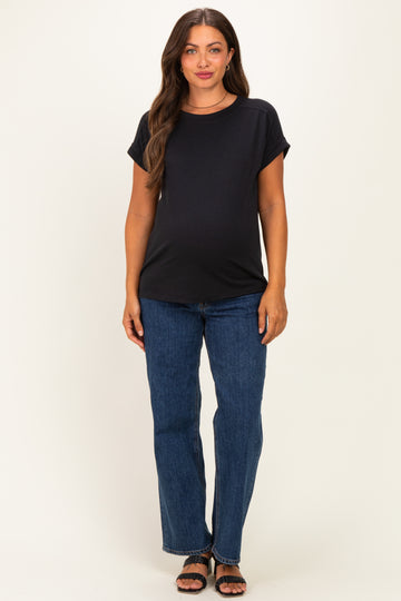Black Rolled Cuff Sleeve Relaxed Fit Maternity Tee