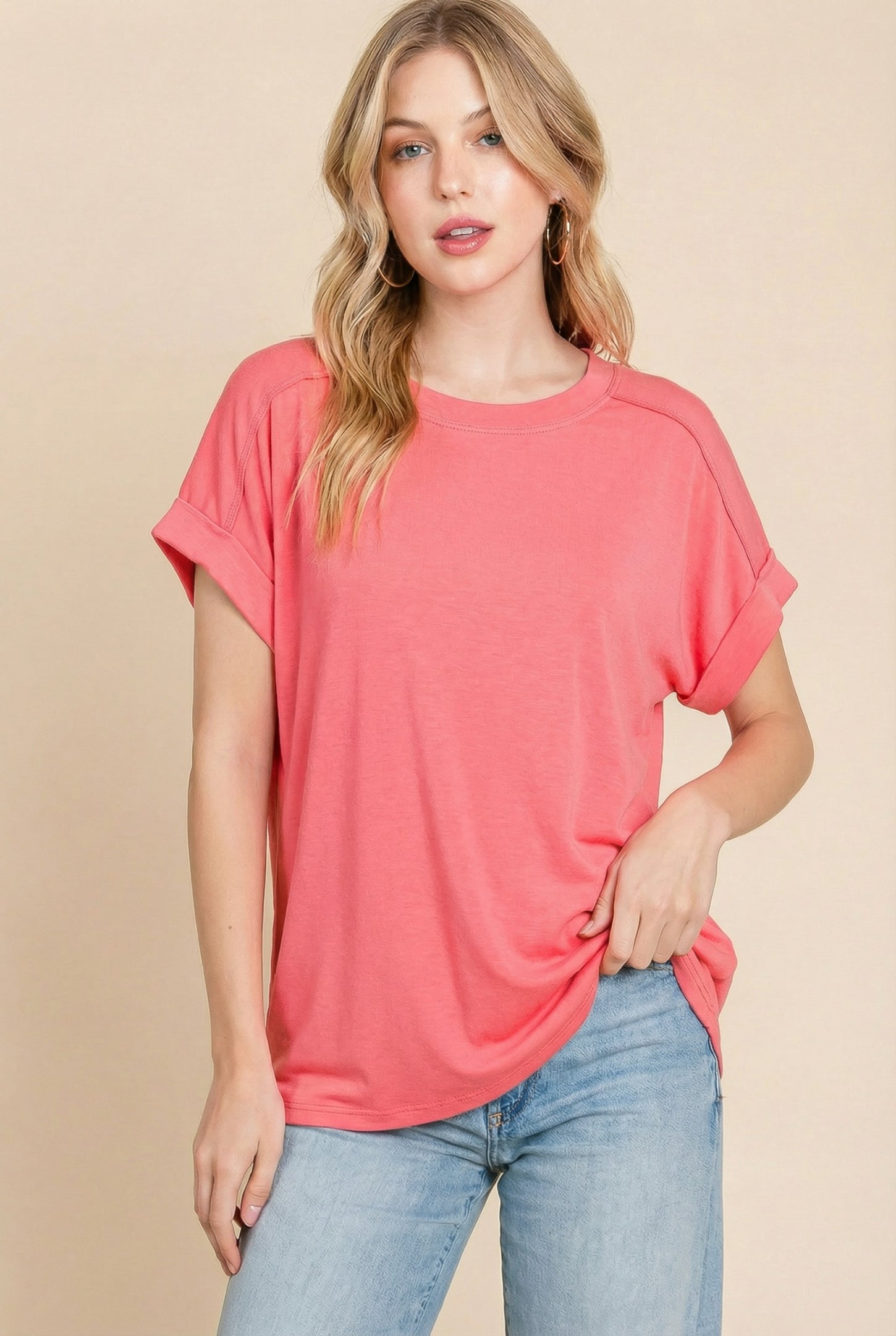 Coral Rolled Cuff Sleeve Relaxed Fit Maternity Tee