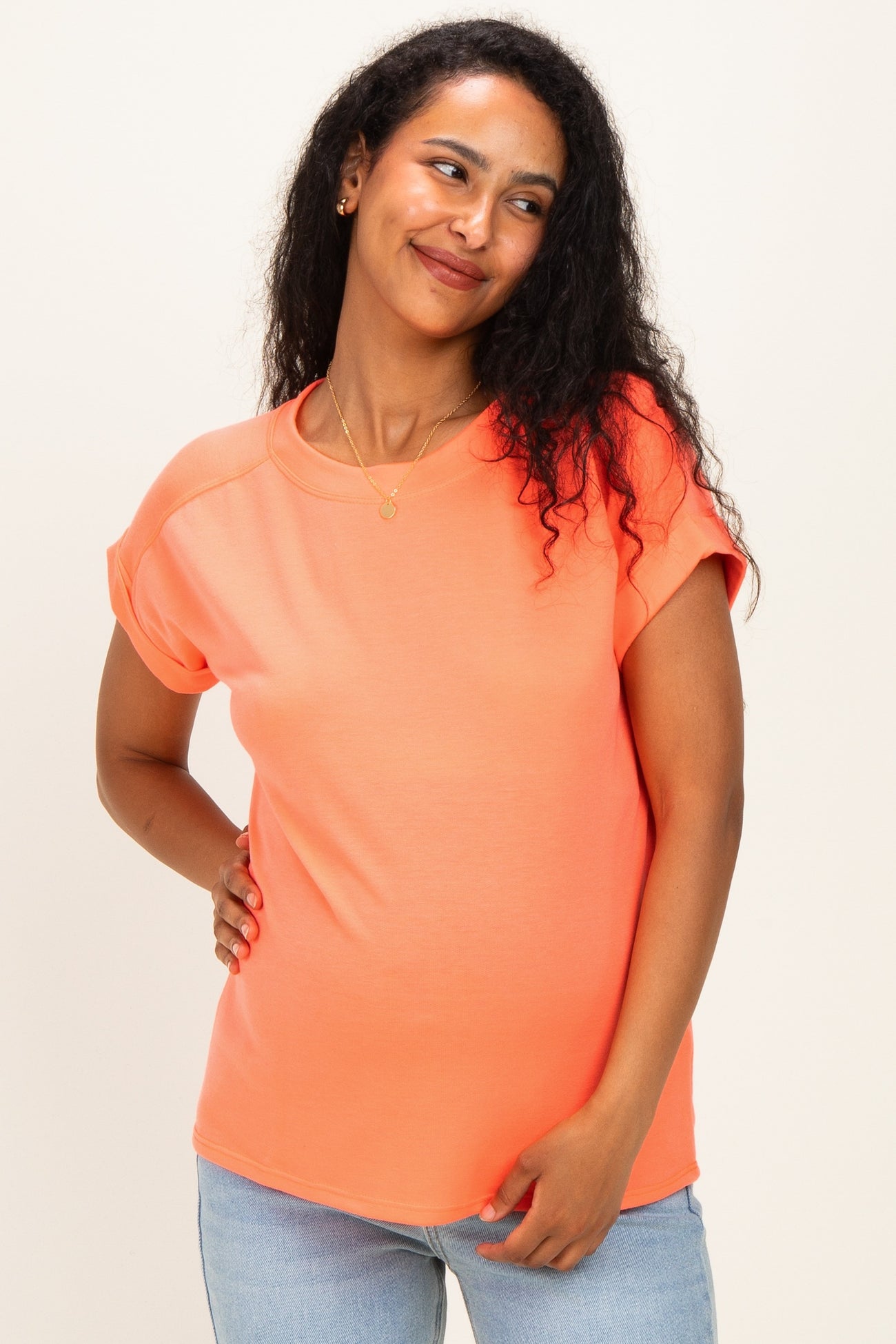 Coral Rolled Cuff Sleeve Relaxed Fit Maternity Tee