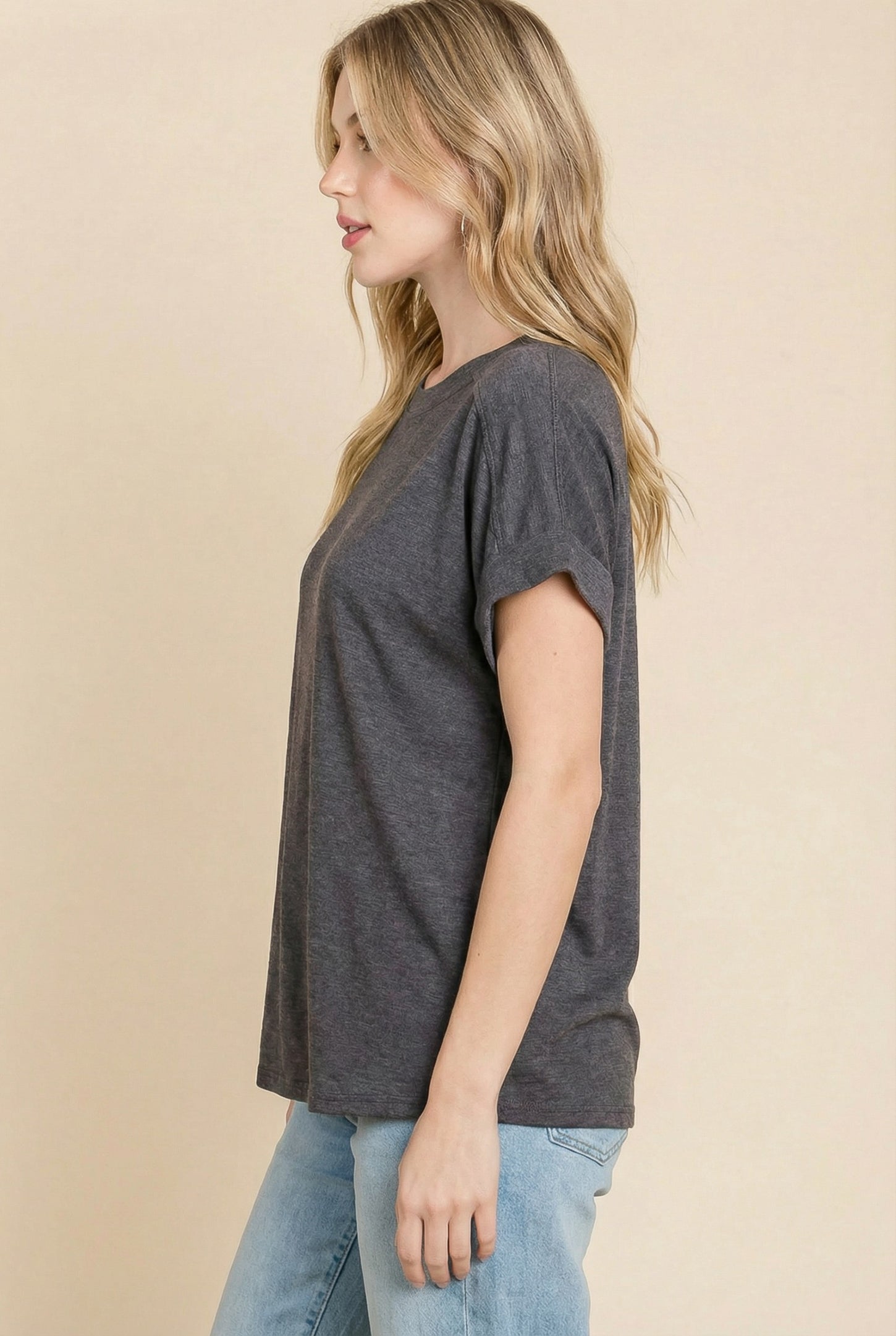 Charcoal Rolled Cuff Sleeve Relaxed Fit Tee