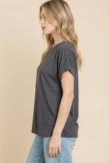 Charcoal Rolled Cuff Sleeve Relaxed Fit Tee