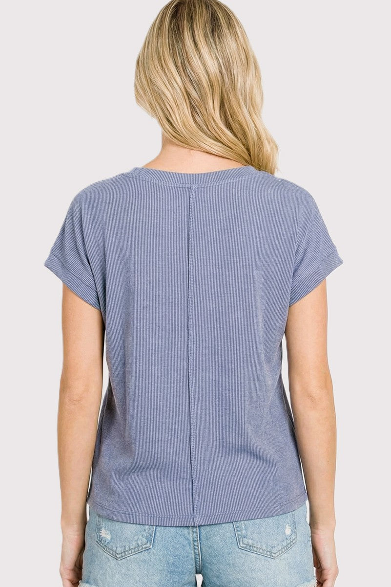 Blue Ribbed V-Neck Short Sleeve Top