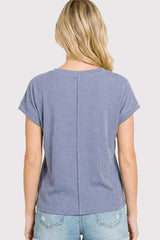 Blue Ribbed V-Neck Short Sleeve Top