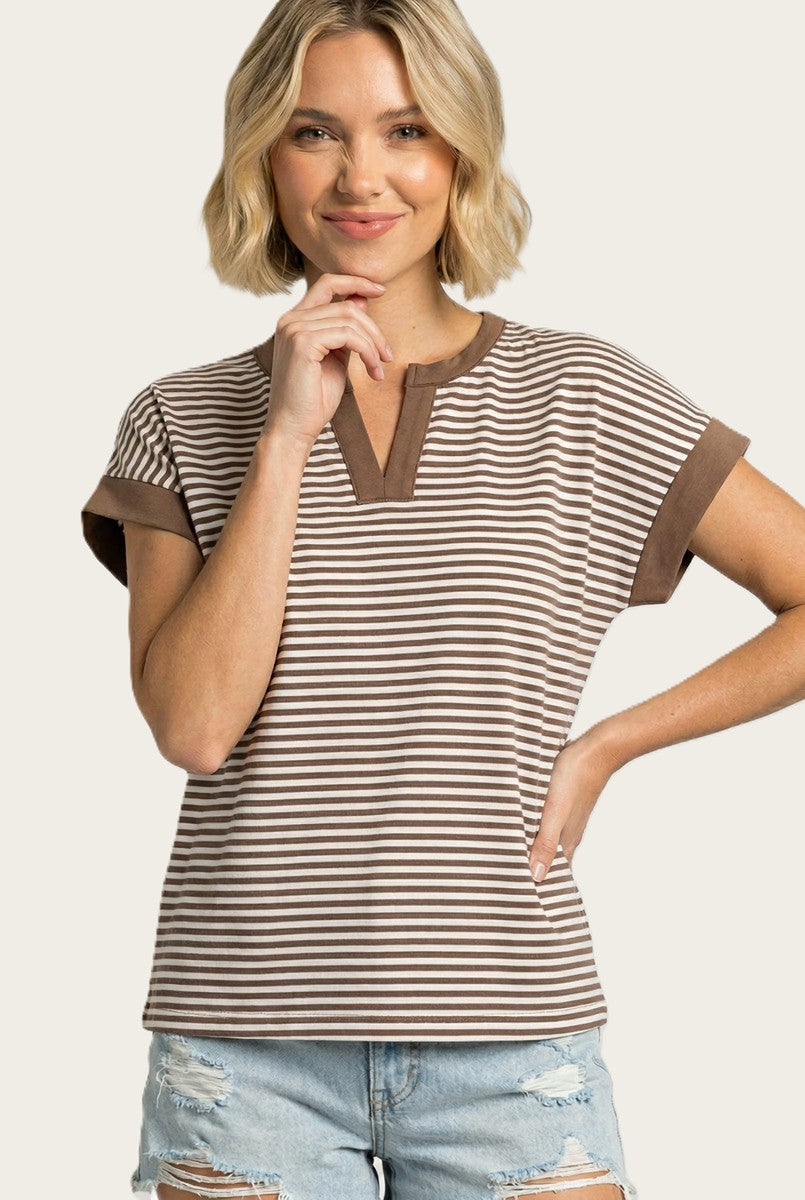 Mocha Striped Contrast Trim Maternity Top