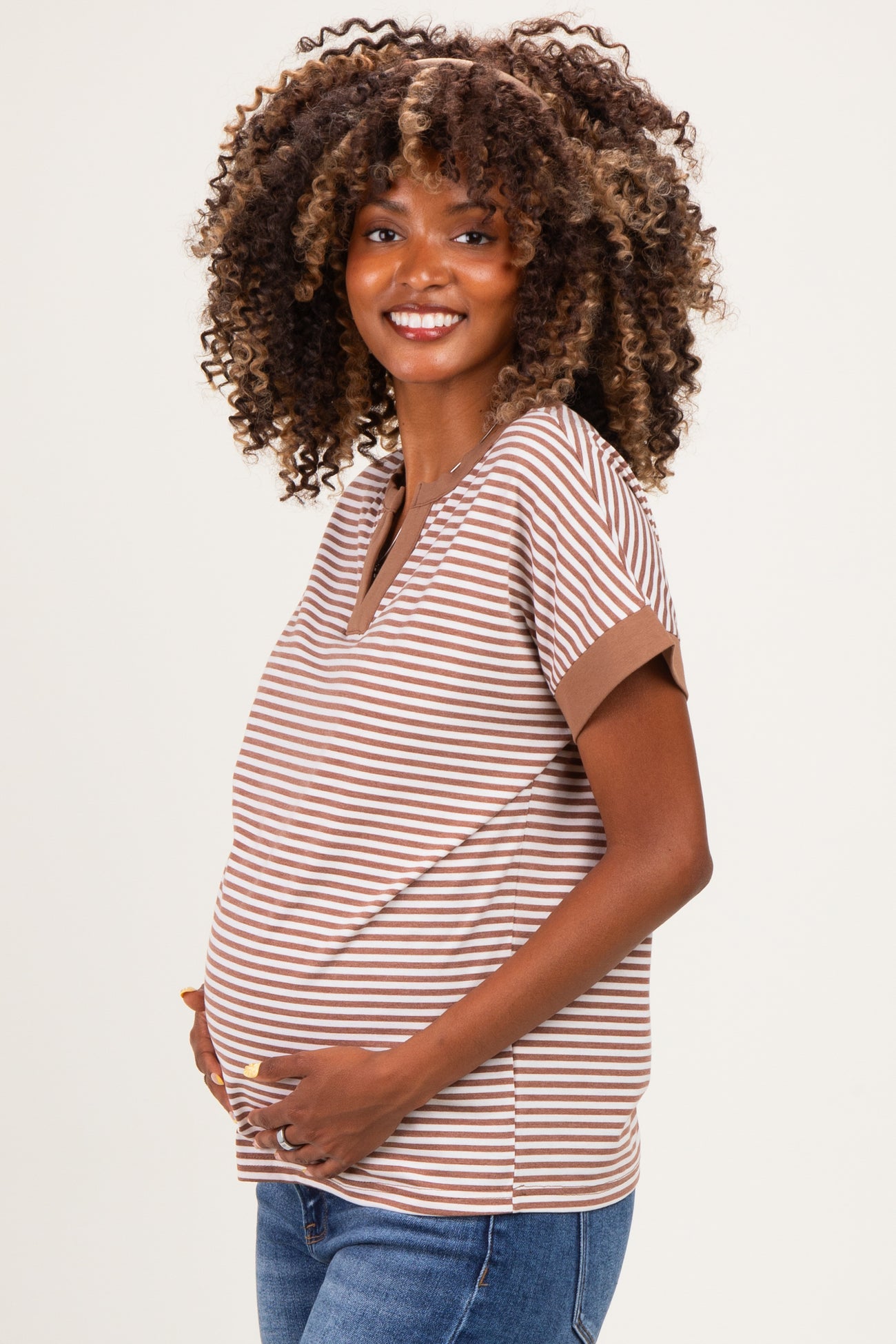 Mocha Striped Contrast Trim Maternity Top