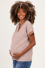 Mocha Striped Contrast Trim Maternity Top